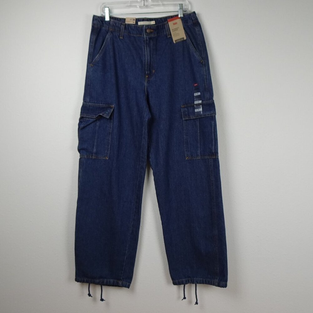 Levi's Baggy Cargo Jeans Women's Size 30x32 Blue Denim Loose Fit Adjustable Hem